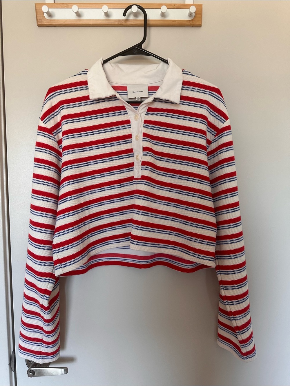 Reformation Rugby Crop Polo Top. Red, Navy & White Striped